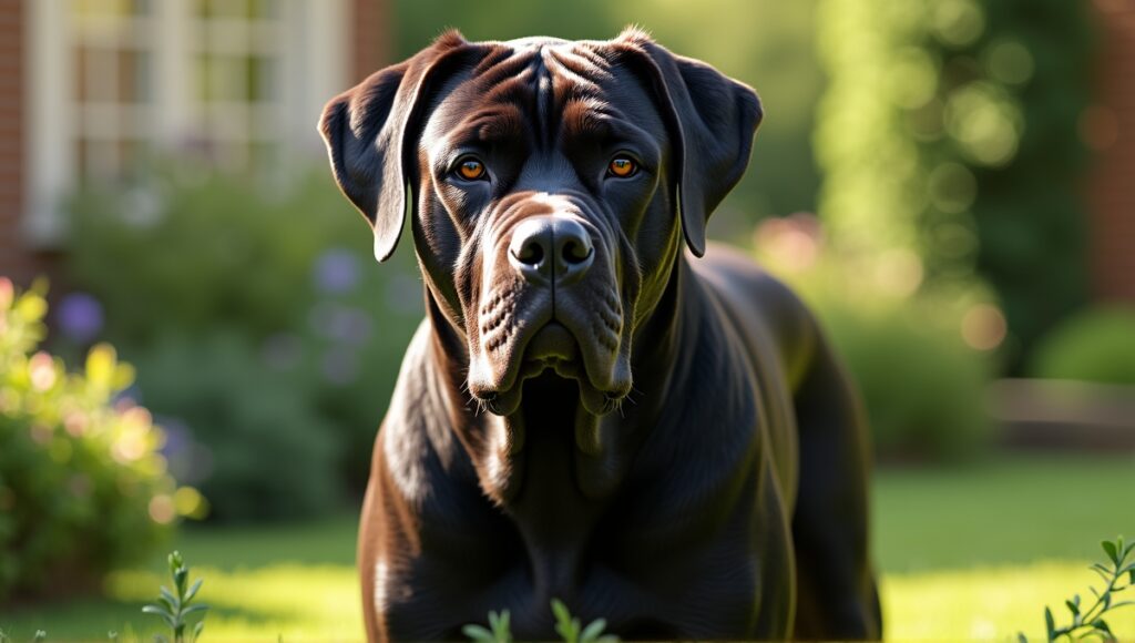 Large Cane Corso in a garden, displaying muscular build and alert expression.