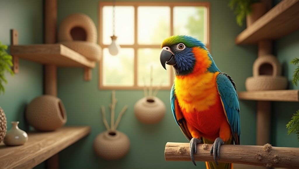 Joyful pet bird on branch in cozy indoor aviary with vibrant plumage and greenery.