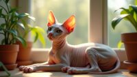 Hairless cat lounging on sunlit windowsill amidst plants in a cozy indoor setting.