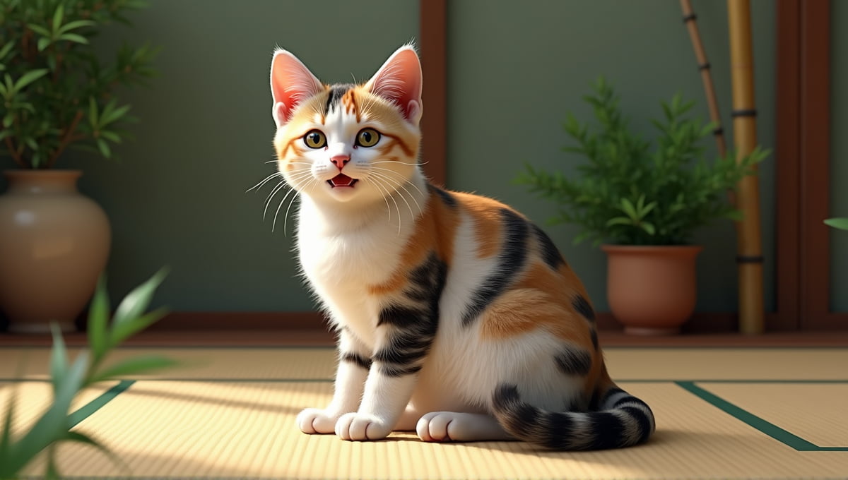 Japanese bobtail cat sitting on tatami mat in a serene Japanese garden setting.