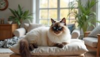 Himalayan cat with blue eyes lounging on a plush cushion in a cozy living room.