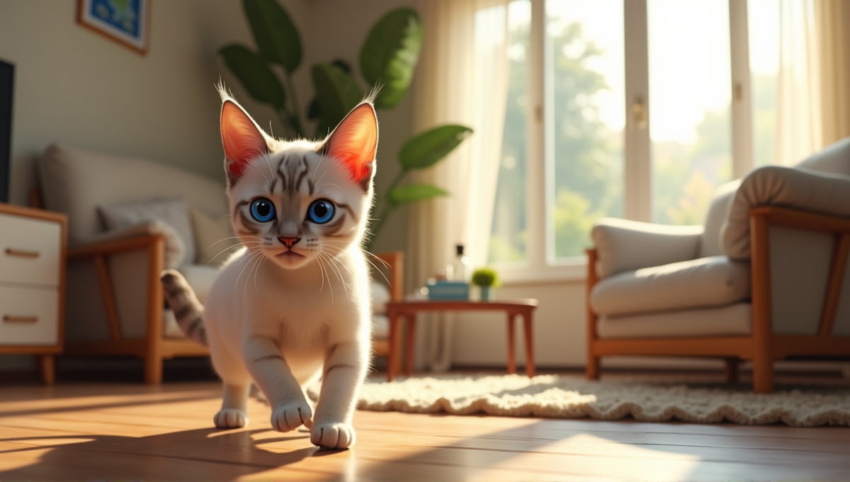 Playful Thai cat with blue eyes lounging in a cozy, inviting living room.