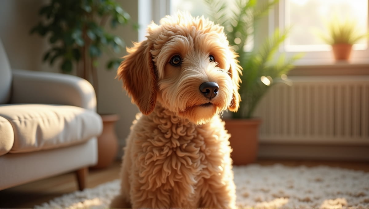 Labradoodle with fluffy coat sitting in a cozy sunlit living room surrounded by plants.