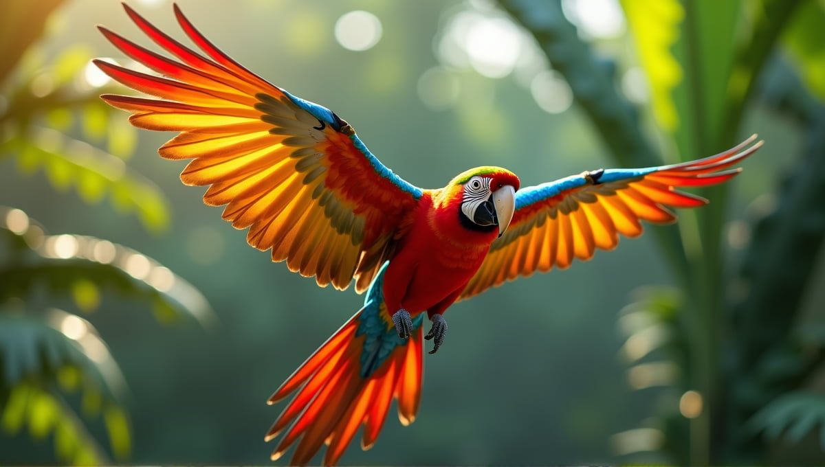 Parrot in mid-flight, vibrant feathers against tropical foliage, showcasing intricate wing structure.