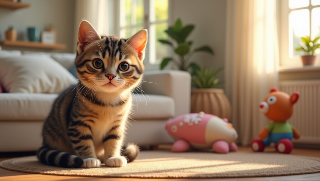 Mixed breed cat with striking fur patterns sitting comfortably in a cozy living room.