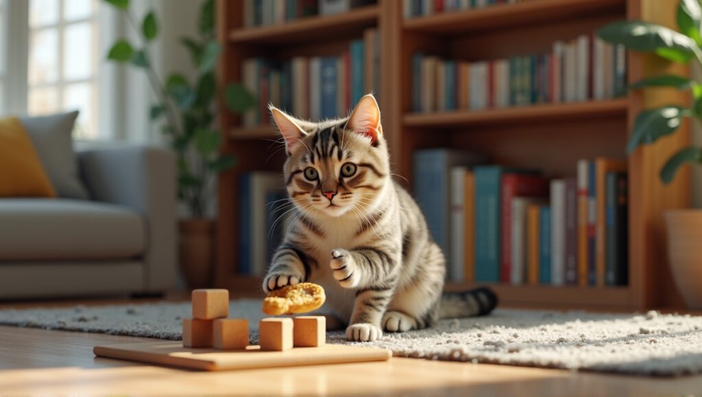 Intelligent cat solving a puzzle toy, showcasing its unique traits and curiosity in a cozy room.