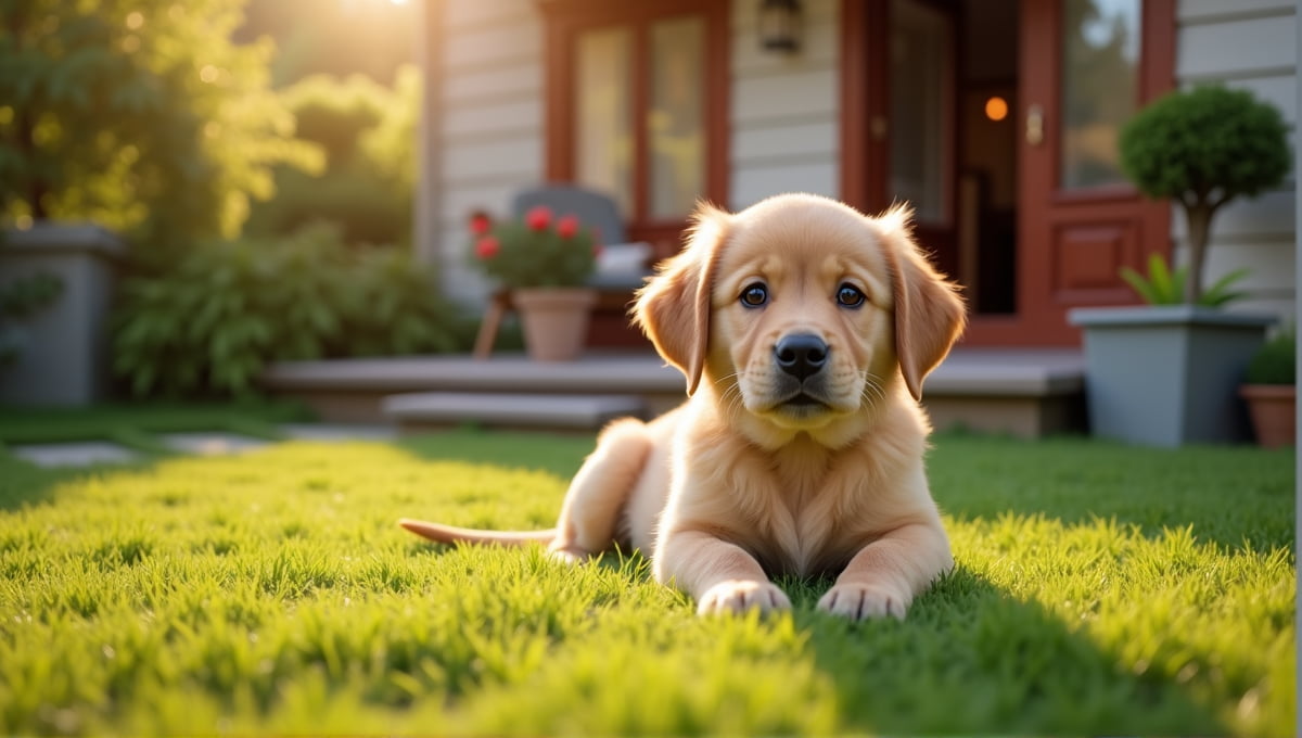 Adorable golden retriever puppy sitting playfully on lush green lawn near cozy home.