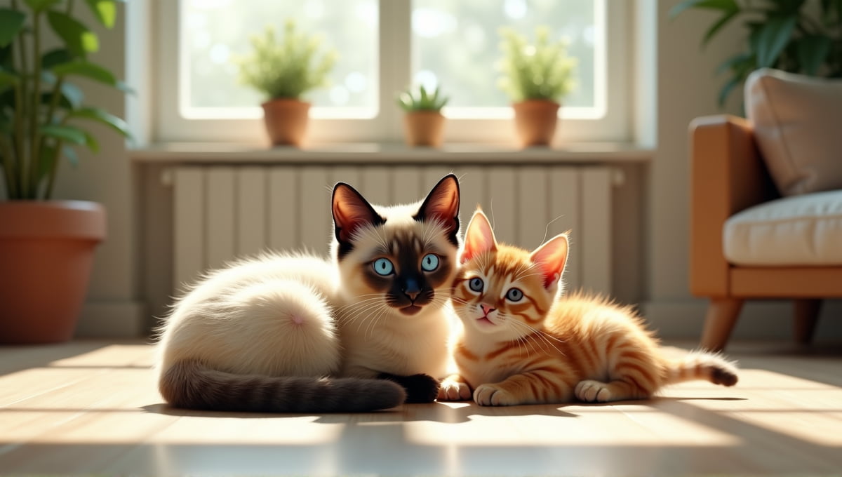 Siamese cat with blue eyes curled up next to a playful ginger kitten in a sunny living room.