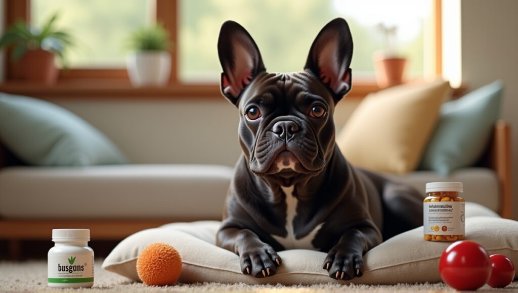 Adorable French Bulldog with bat-like ears lounging on a plush cushion in cozy living room.