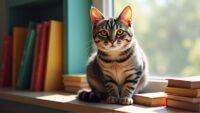 Clever domestic cat with bright eyes sitting on a windowsill among colorful books.