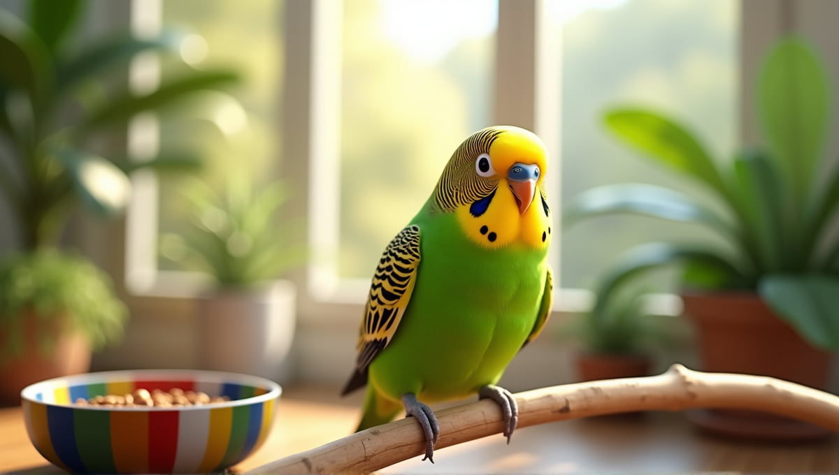 Cheerful budgerigar with green and yellow feathers perched on a wooden branch indoors.