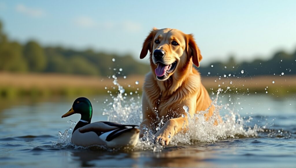 Energetic Labrador Golden Retriever retrieving a duck in a serene natural landscape.