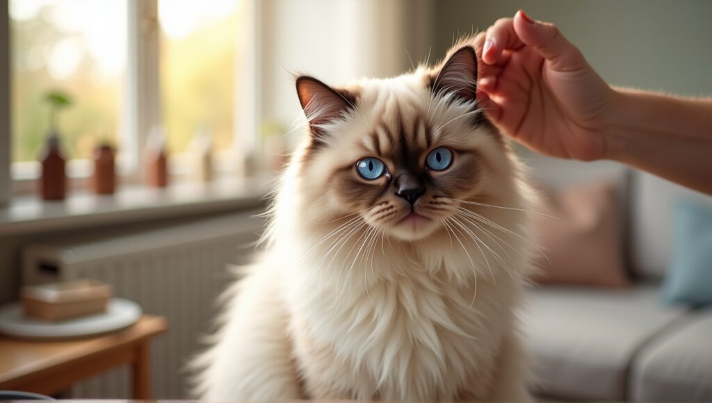 Himalayan cat with fluffy coat and blue eyes being brushed by owner in cozy room.