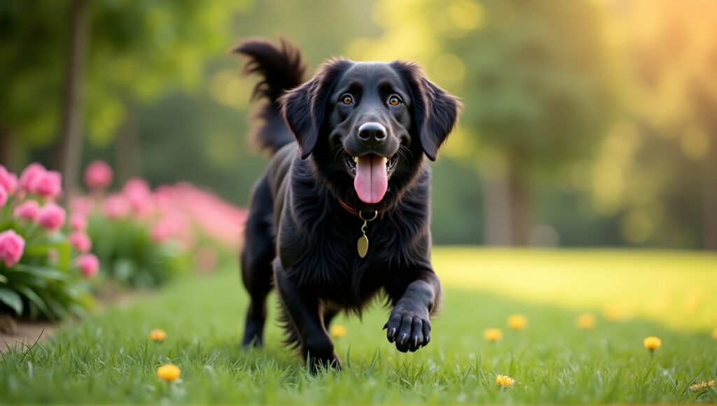 Cheerful Flat-Coated Retriever with glossy black coat playing in a green park.