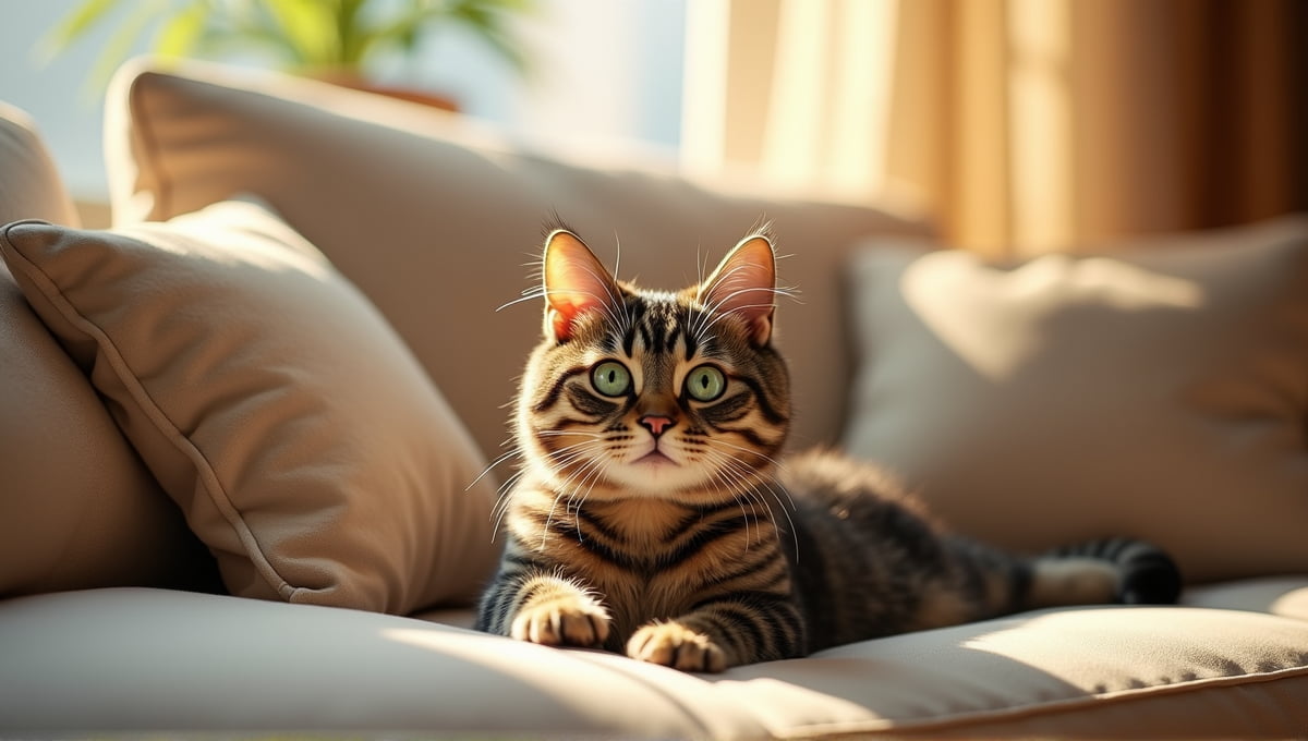 Li Hua cat with striped fur and green eyes lounging on a cozy sofa.