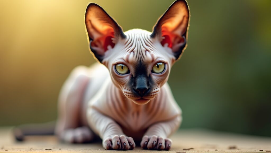 Sphynx cat displaying unique skin pigmentation and diverse eye colors in a natural setting.