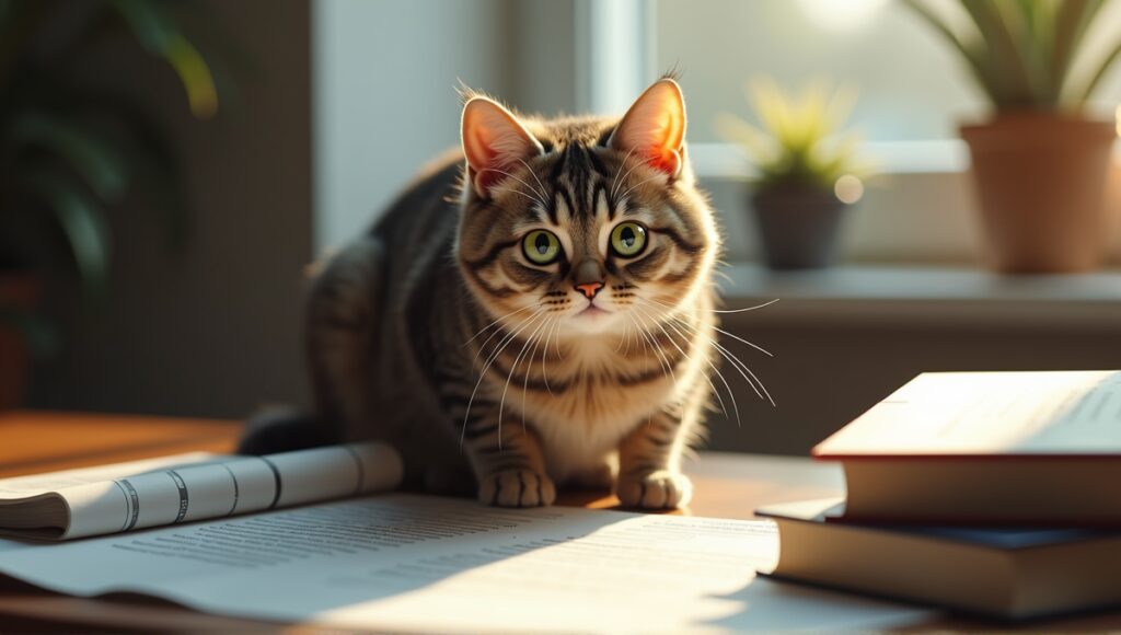 Curious domestic cat with bright green eyes on a wooden desk surrounded by books.