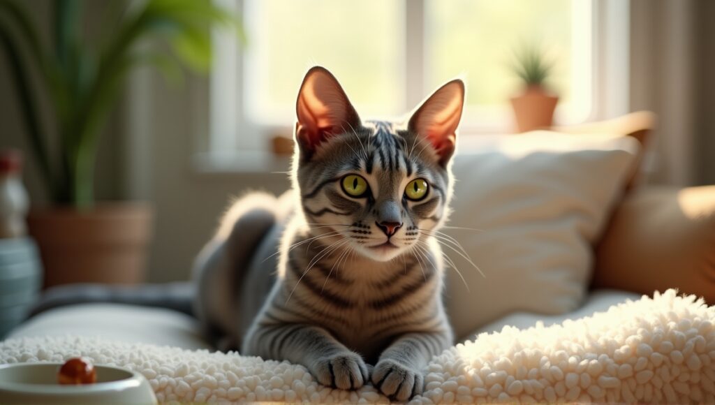 Oriental Shorthair cat lounging on a cushion with vibrant green eyes and preventive care items.