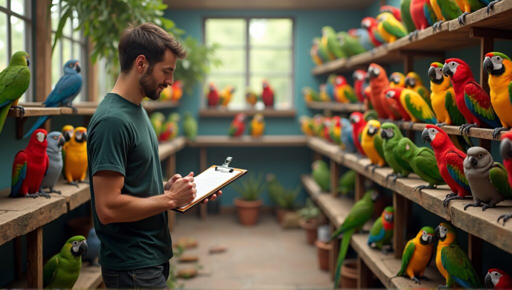 A vibrant aviary filled with colorful parrots and a meticulous breeder documenting details.