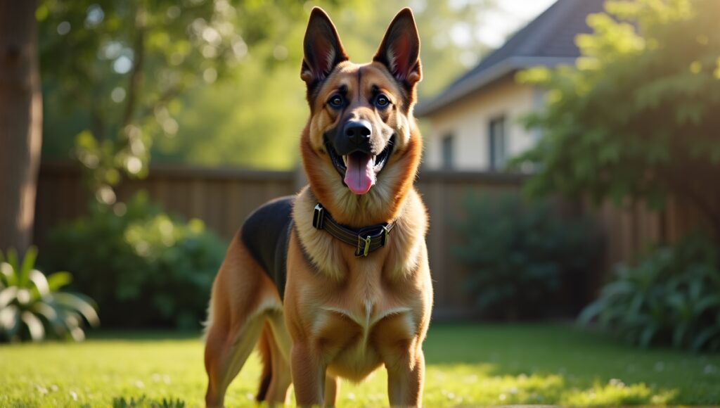 Loyal guard dog standing confidently in a lush backyard, exhibiting alert demeanor and robust physique.