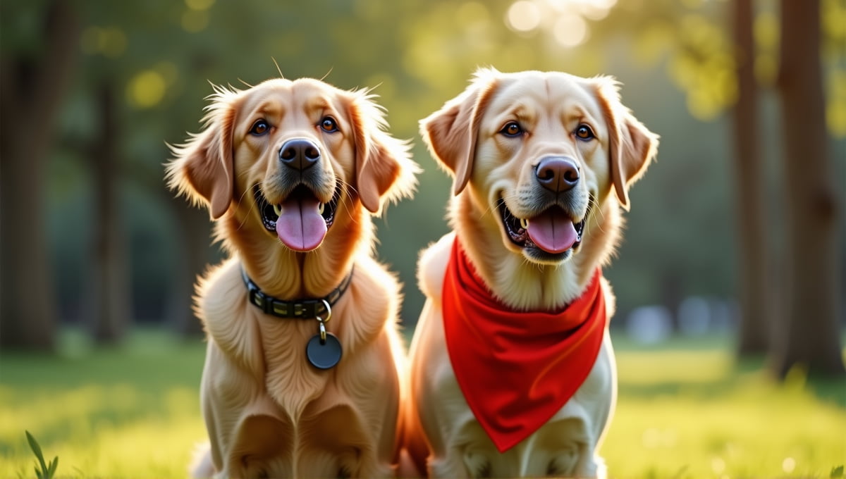 Golden Retriever with collar and Labrador with red bandana standing in a sunny park.