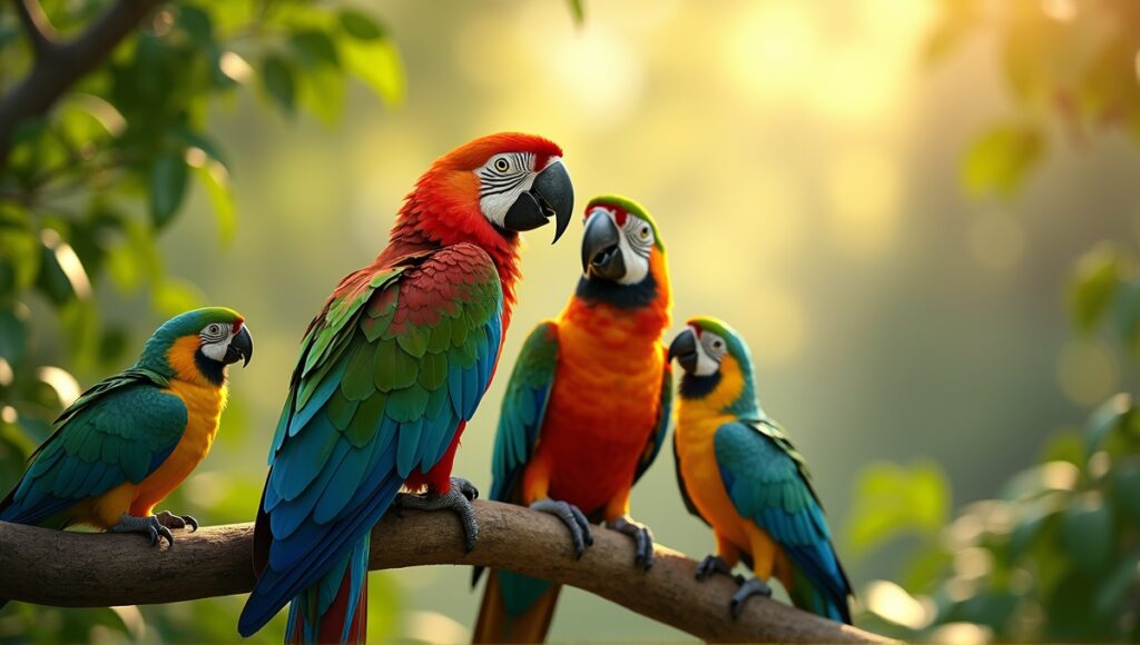 Vibrant parrot on branch with other species, interacting playfully in a lush environment.