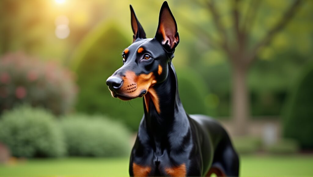 Doberman Pinscher standing proudly in a lush garden, showcasing its sleek physique and markings.