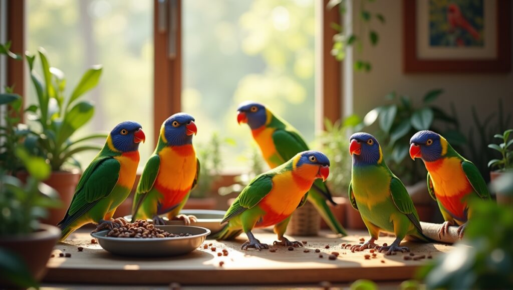 Colorful pet birds in cozy cages, surrounded by plants and breeding accessories.