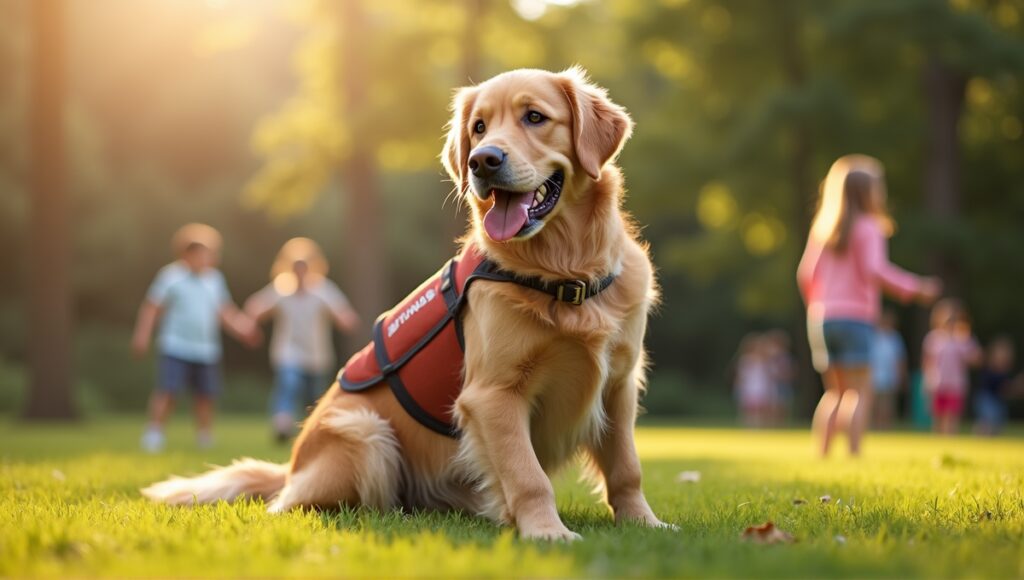 Friendly golden retriever in therapy vest sitting on grass with children playing nearby.