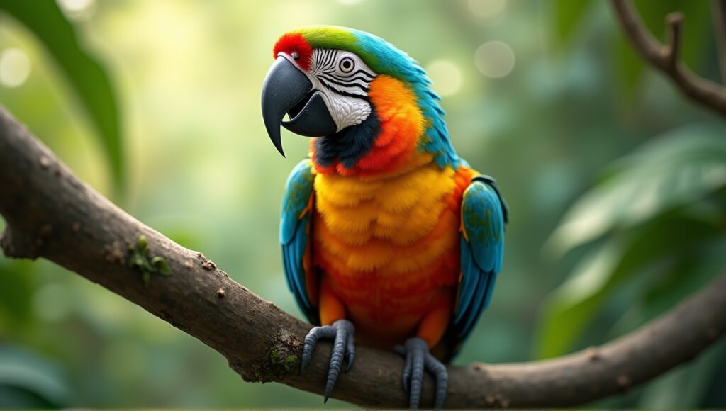 Vibrant parrot perched on a branch, displaying colorful feathers in a tropical setting.