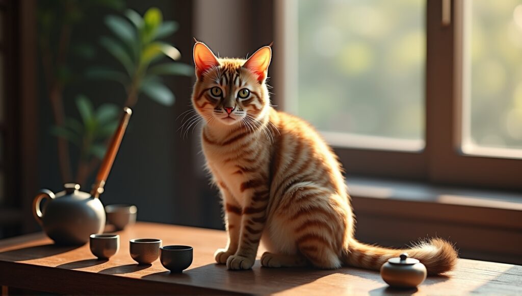 Li Hua cat on a wooden table with tea sets and calligraphy brushes.