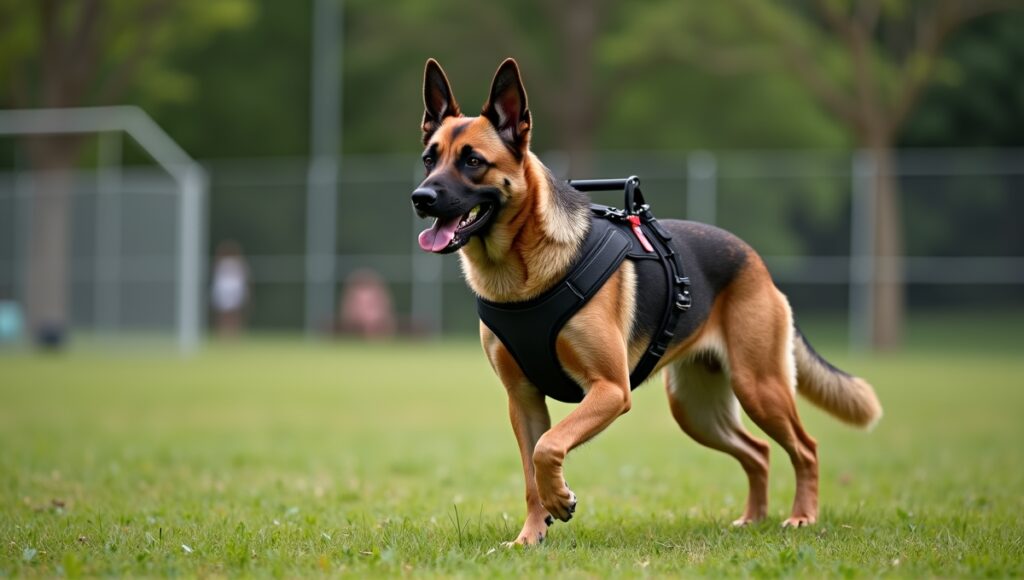 Disciplined guard dog in training with a black harness, focused outdoors among green grass.