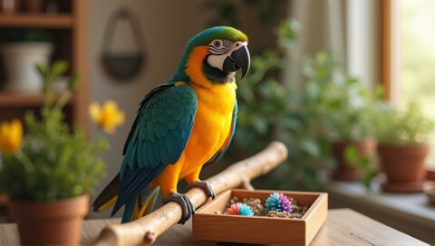 Vibrant parrot with bright feathers perched on a branch in a cozy home setting.