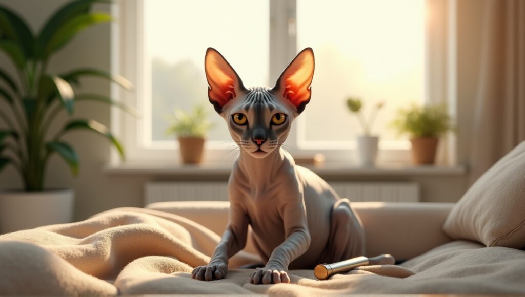 Hairless cat resting in a cozy living room with grooming tools and plants.