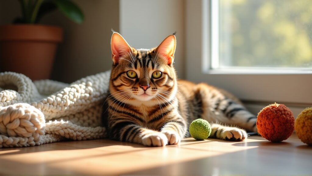 Mixed breed cat lounging with toys and a blanket in a sunlit room.