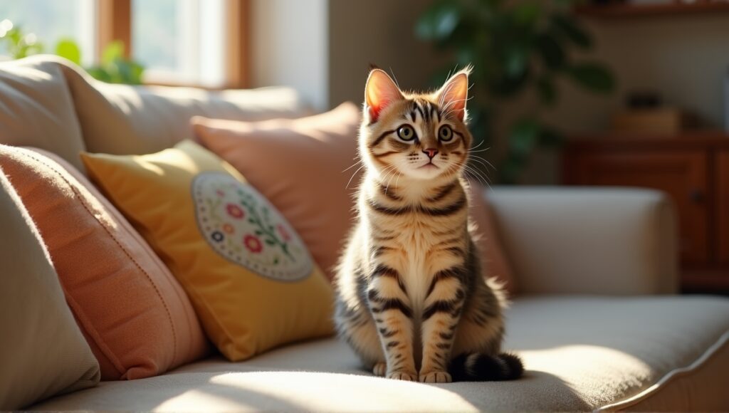 Li Hua cat with vibrant coat sitting in a cozy living room, exuding tranquility.