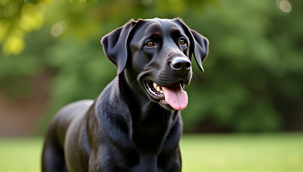 Strong Labrador Retriever with muscular build and alert expression in lush outdoor setting.