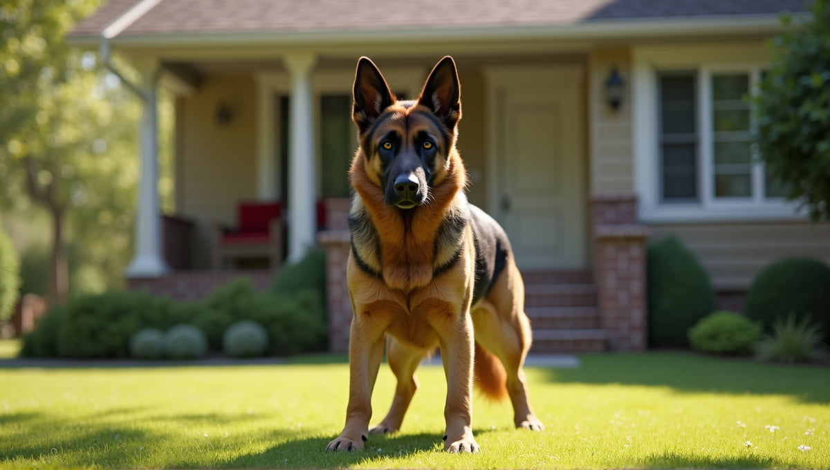 Large German Shepherd standing protectively in a spacious backyard with family home elements.