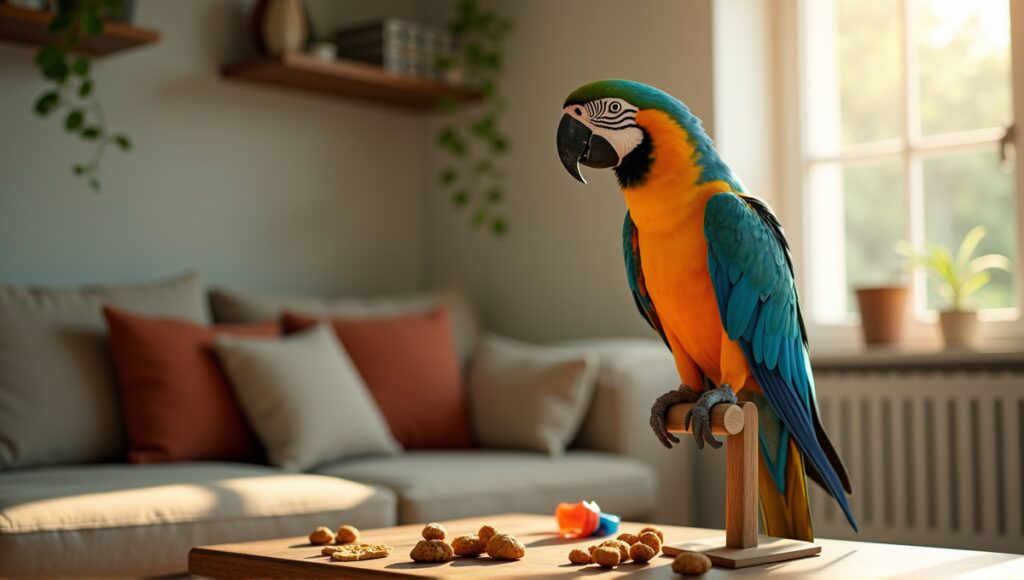 Vibrant parrot on training stand surrounded by tools, treats, and a warm living room.