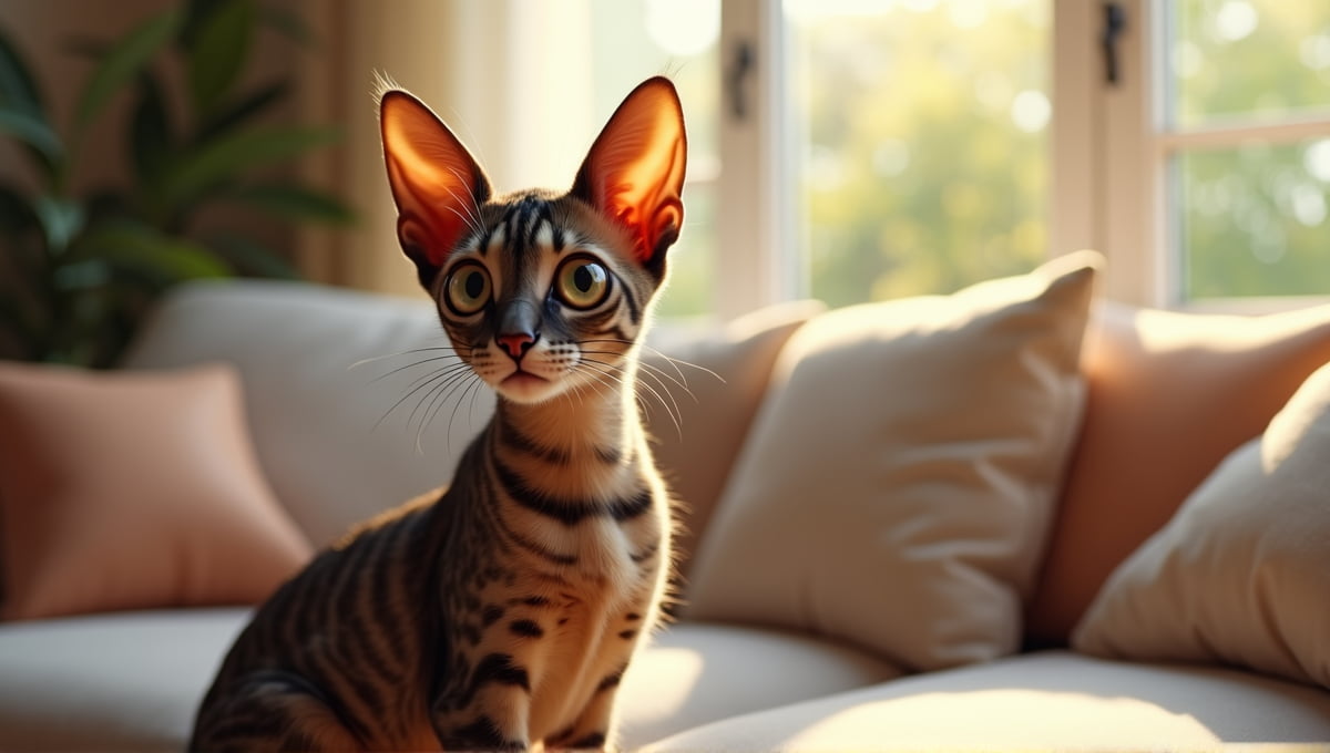 Oriental Shorthair cat with large eyes sits in a cozy, sunlit living room.