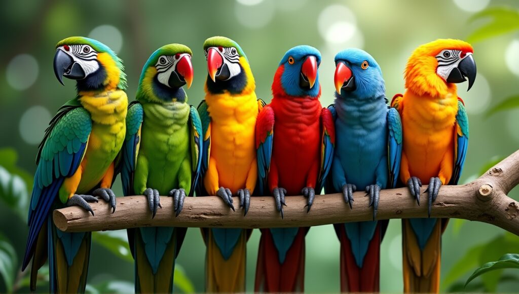 Five vibrant parrot species with unique colors perched on a lush tropical branch.