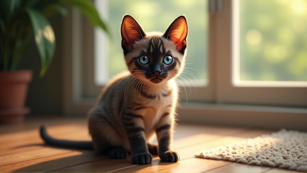 Thai cat with striking blue eyes and unique color points in a cozy setting.