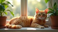 Orange cat lounging on a sunlit windowsill, showcasing vibrant fur and expressive green eyes.