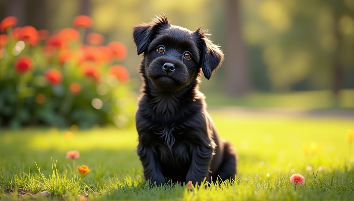 Playful small black dog sitting on grass, surrounded by flowers in a park.