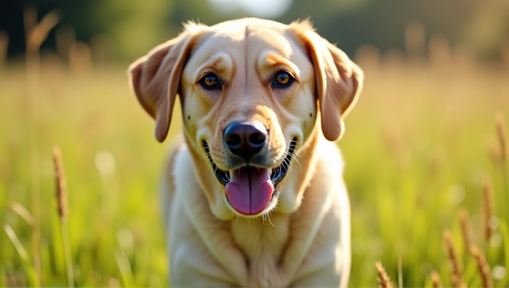 Playful Labrador Retriever with shiny coat and expressive eyes in a grassy field.