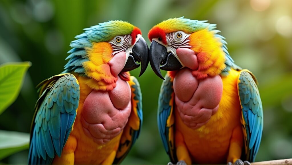 Male and female parrots' reproductive systems displayed among lush green foliage, highlighting anatomical features.