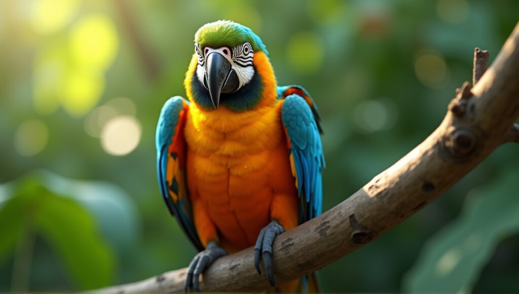 Vibrant parrot perched on a branch, showcasing colorful feathers and lush greenery.