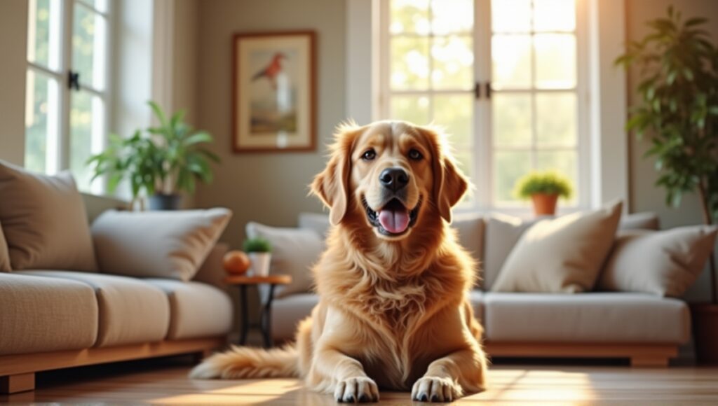 Friendly golden retriever in service vest, creating a comforting therapy room atmosphere.