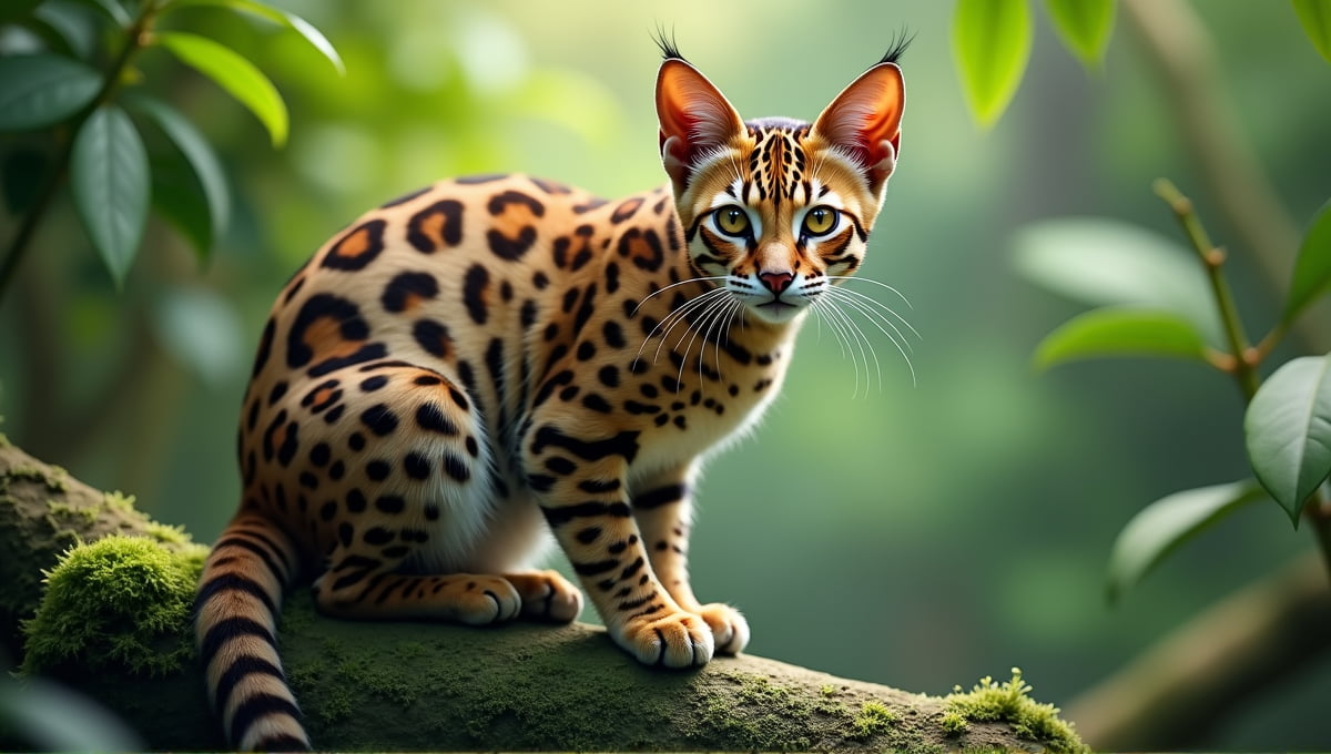 Asian leopard cat with a spotted coat perched on a mossy rock in greenery.