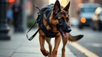 Police dog in tactical harness tracking scent on urban street, focused expression visible.